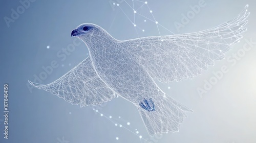 Abstract digital rendering of a white dove in flight with blue accents against a soft blue background.