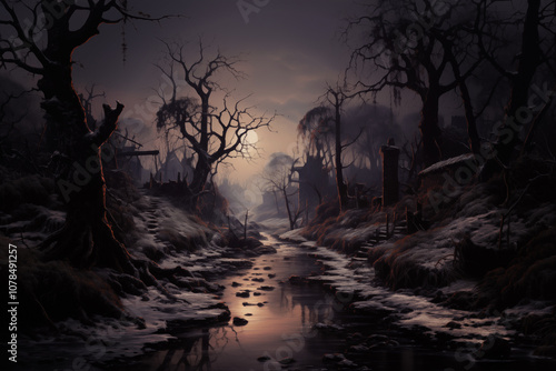 Creepy night landscape background in moonlight, desolated burial land covered by snow and crossed by a river