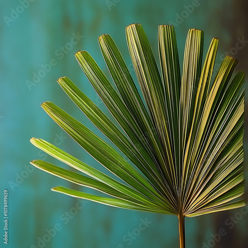 vibrant Sabal palm leaf against textured turquoise background, showcasing its intricate fan like structure and rich green hues, evokes sense of tropical tranquility