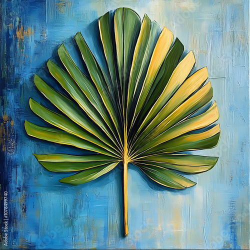 vibrant Sabal palm leaf against textured blue background, showcasing its intricate details and natural beauty. This artwork captures essence of tropical flora