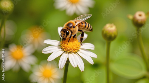 Honey bee collecting pollen from a daisy flower 