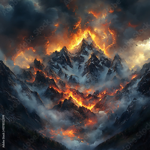 Epic landscape of fiery mountains under dramatic sky, showcasing intense colors and dynamic clouds, perfect for symphonic metal band album cover