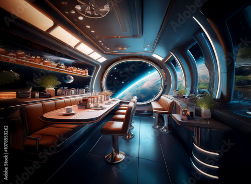 A futuristic space station dining area with a large window overlooking a distant planet.