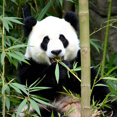 A panda munching on bamboo, sitting comfortably in a patch of greenery, its black-and-white fur striking against the leaves