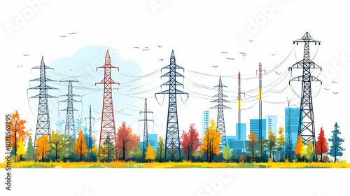 Illustration of Power Lines and Cityscape