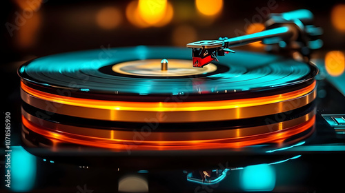 Vinyl Record Player with Orange Light - Realistic Image