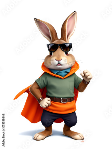 Rabbit dressed as a superhero with sunglasses and stylish clothes, poses confidently on a blue background, embodying fearlessness and fun