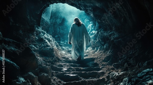 Jesus Christ emerging from the tomb in resurrection light