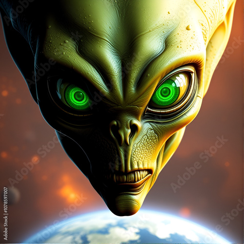 Alien from outer space invading earth with green eyes