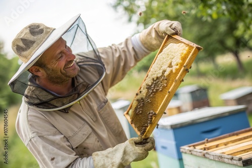 A beekeeper wearing protective gear examines a frame filled with honeycomb in a vibrant apiary. The warm sunlight highlights the bees buzzing around, showcasing the joyful work of harvesting honey fro