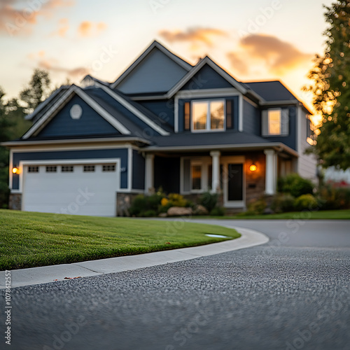 beautiful house with well maintained lawn and sunset backdrop, showcasing modern architecture and inviting ambiance. driveway curves gracefully, enhancing home appeal