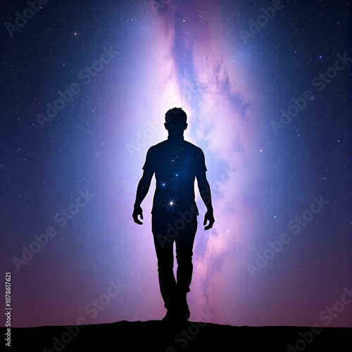 man walking middle galaxy human silhouette ascension general form portrait astral background above below clear high evolution immortality