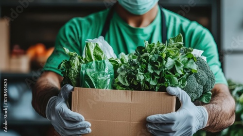 A conscientious worker, wearing a protective mask and gloves, holds a box of leafy greens in a grocery setting, emphasizing safety and fresh produce availability.