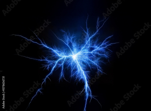 A bright blue electric discharge glows against a dark background.