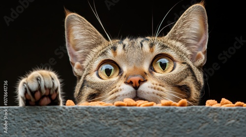 A tabby cat, with striking bright eyes, peers curiously from behind a ledge towards some scattered cat food, blending stealth with a delightful playfulness.