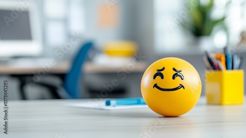 Emoji balls depicting stress and pressure throughout a modern office environment, illustrating the anxieties of work and everyday life.