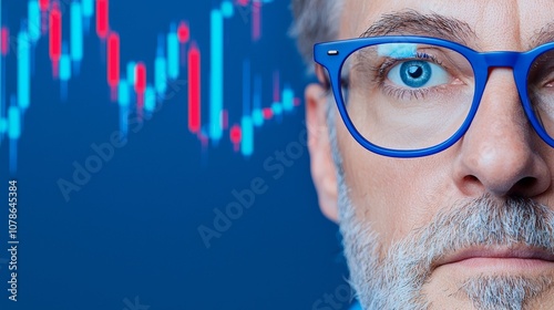 On a digital screen, a businessman observes economic trends reflecting the anxiety in financial markets and the volatility of the market