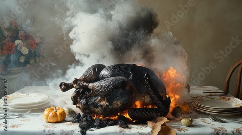 A Thanksgiving turkey is on fire and smoking, overcooked, dry and inedible.