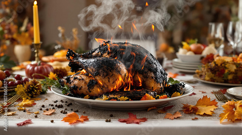 A Thanksgiving turkey is on fire and smoking, overcooked, dry and inedible.