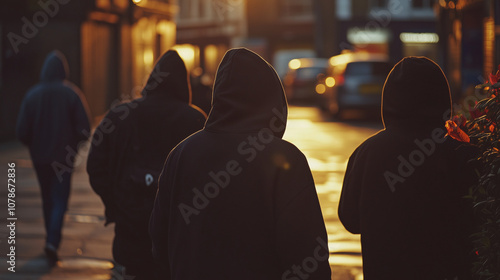 A group of young people or teens wearing hoodies in an urban area, there is a sense of menace, gang crime, wide landscape ratio 16:9