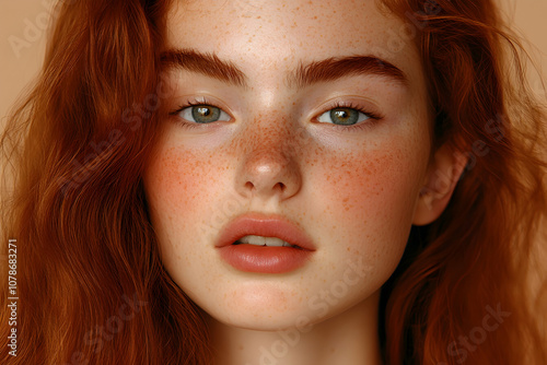 A young woman with red wavy hair and freckles gazes intently at the camera against a soft beige backdrop, capturing a moment of natural beauty and expressiveness