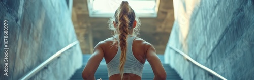 Rear view of a young female athlete running up stadium stairs as part of an endurance training workout. This image is ideal for designers, artists, and advertisers promoting fitness, athletic training