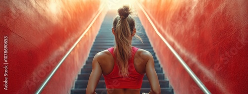 Rear view of a young female athlete running up stadium stairs as part of an endurance training workout. This image is ideal for designers, artists, and advertisers promoting fitness, athletic training