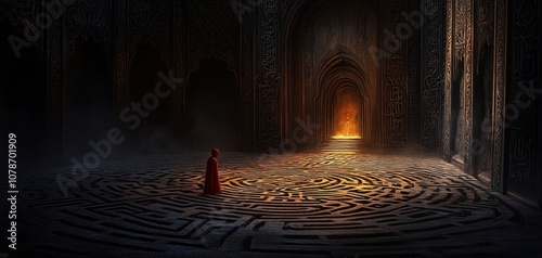 A mysterious labyrinth with a figure in red, illuminated by a glowing doorway.