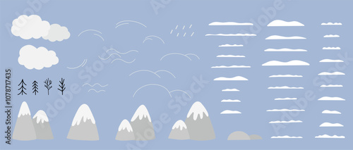 Cute vector collection of winter elements for hand drawn map. Snowy mountains, snow, snowfall, clouds, swirls, wind.