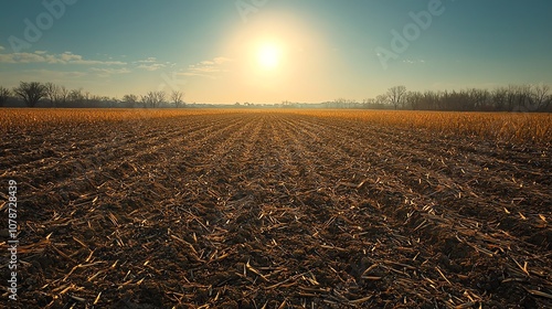 39 Overheated farmland under a blazing sun, dead crops scattered across the fields, long shadows from withered trees, lowangle view, warm tones, intense heat