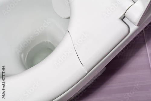 A broken toilet seat with visible cracks, photographed from above, close-up view