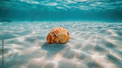 A solitary seashell rests on sandy ocean floor, illuminated by gentle underwater light.