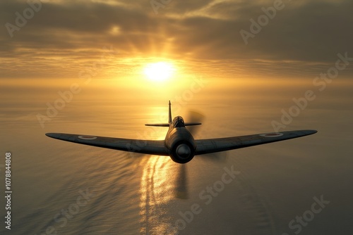 Military Jet Fighter Soaring at Sunset Over Ocean Landscape