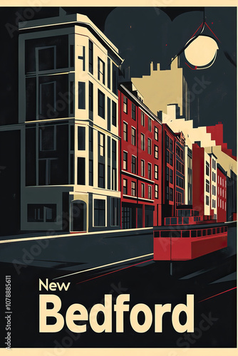 New Bedford, modern vintage travel poster, wallpaper, background, banner, backdrop, retro card print. Graphic designed, sleek. Dark, red, blue, white, black