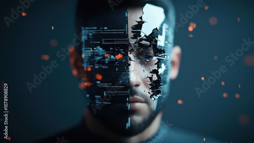 Facial recognition interface with fragmented face, concept of identity vulnerability, personal privacy risks, modern tech invasion