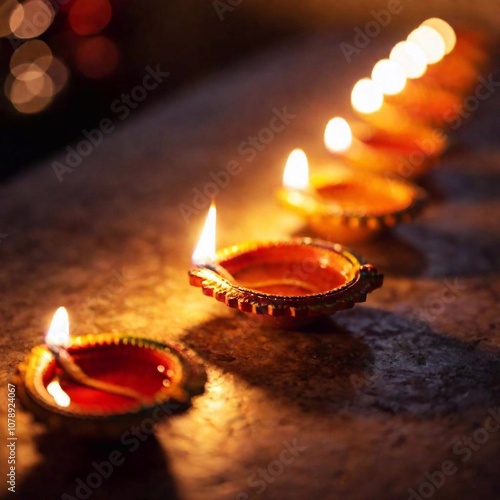 A close-up photo of a row of glowing diyas captured at eye level. The rack focus emphasizes the first diya, with the light from the others gradually blurring into a soft, warm bokeh, highlighting the 