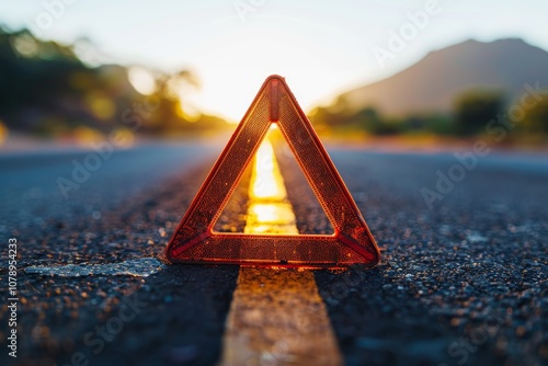 Red Emergency Warning Triangle on Empty Road, Signaling Danger, Car Trouble, Roadside Assistance