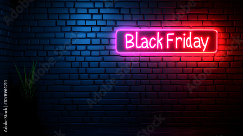 Cartel de neon Black Friday sobre muro de ladrillos en la oscuridad