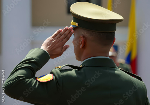 Colombian soldiers giving salute during ceremony military, glory and honor, dignified military uniform