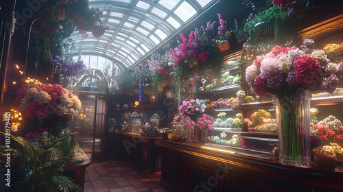 Steam-powered crystal flower shop, mechanical bouquet arrangers, iridescent glass ceiling, dusk lighting