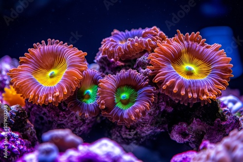 Detailed hyper-realistic image of coral polyps swaying in ocean currents, highlighting vibrant colors and textures