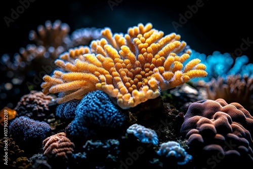 Detailed hyper-realistic image of coral polyps swaying in ocean currents, highlighting vibrant colors and textures