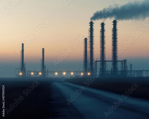 Octane refinery at dawn with operational lights, octane processing, early morning energy operations