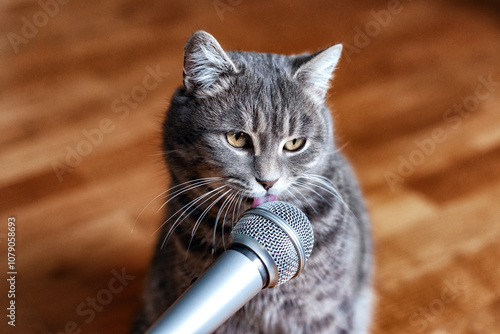 A cat with a microphone. Funny animals. Funny cats. 