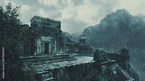 ancient temples shrouded in mystique on a peruvian coast rainy day. Mystique. Illustration