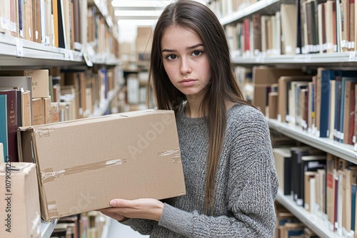 empty of a beautiful young thin girl with a dark straight hair sees on the books and gets off own book of he shelf