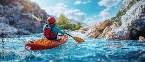 Kayaker paddling down a rapid stream in the mountain