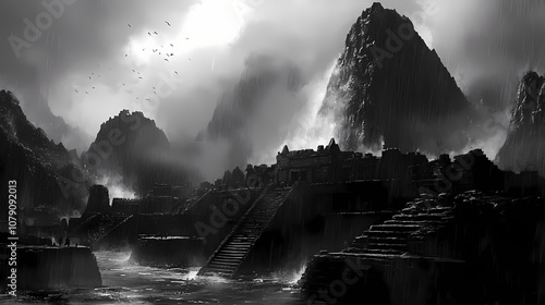 ancient temples shrouded in mystique on a peruvian coast rainy day. Mystique. Illustration