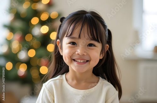 Little Asian dark-haired girl in a white sweater against the background of a Christmas tree smiles while looking at the camera.