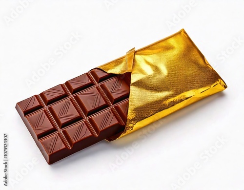 Chocolate bar wrapped in gold foil on isolated white background.